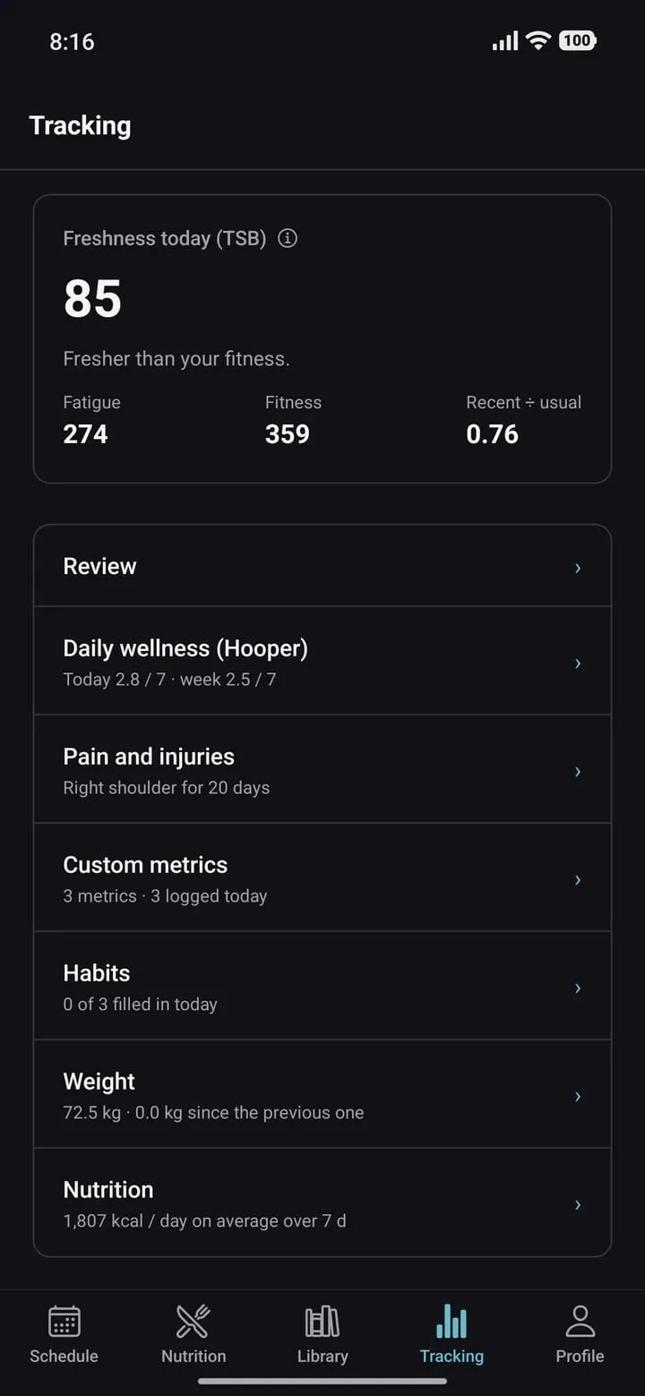 Tracking: freshness, review, daily wellness, pain, metrics, weight