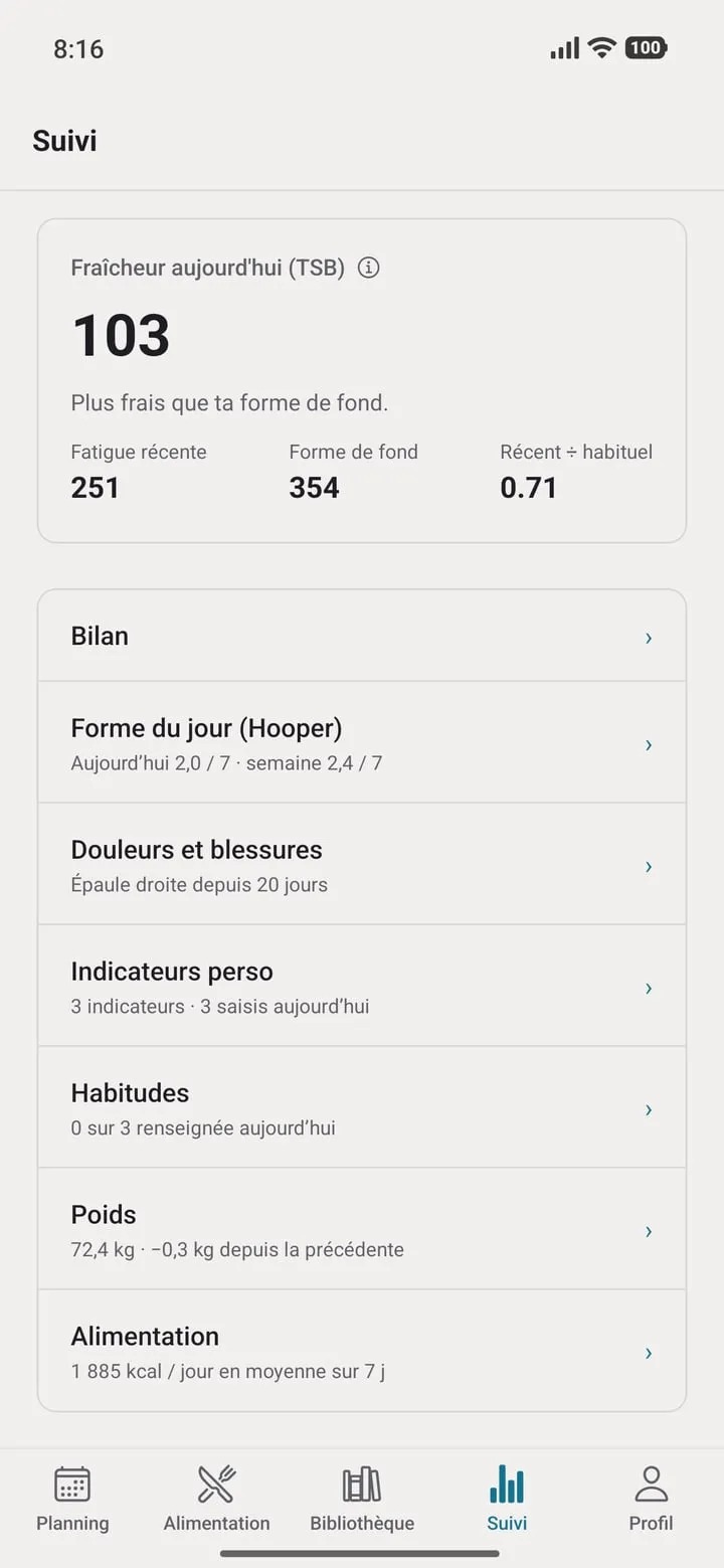 Suivi : fraîcheur, bilan, forme du jour, douleurs, indicateurs, poids